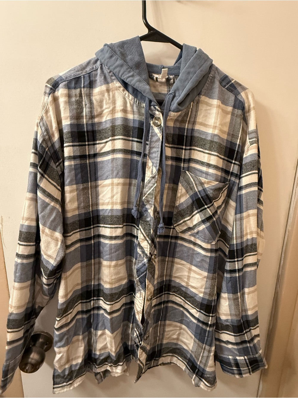 Maurices Blue and White Plaid Hooded Button-Down Shirt